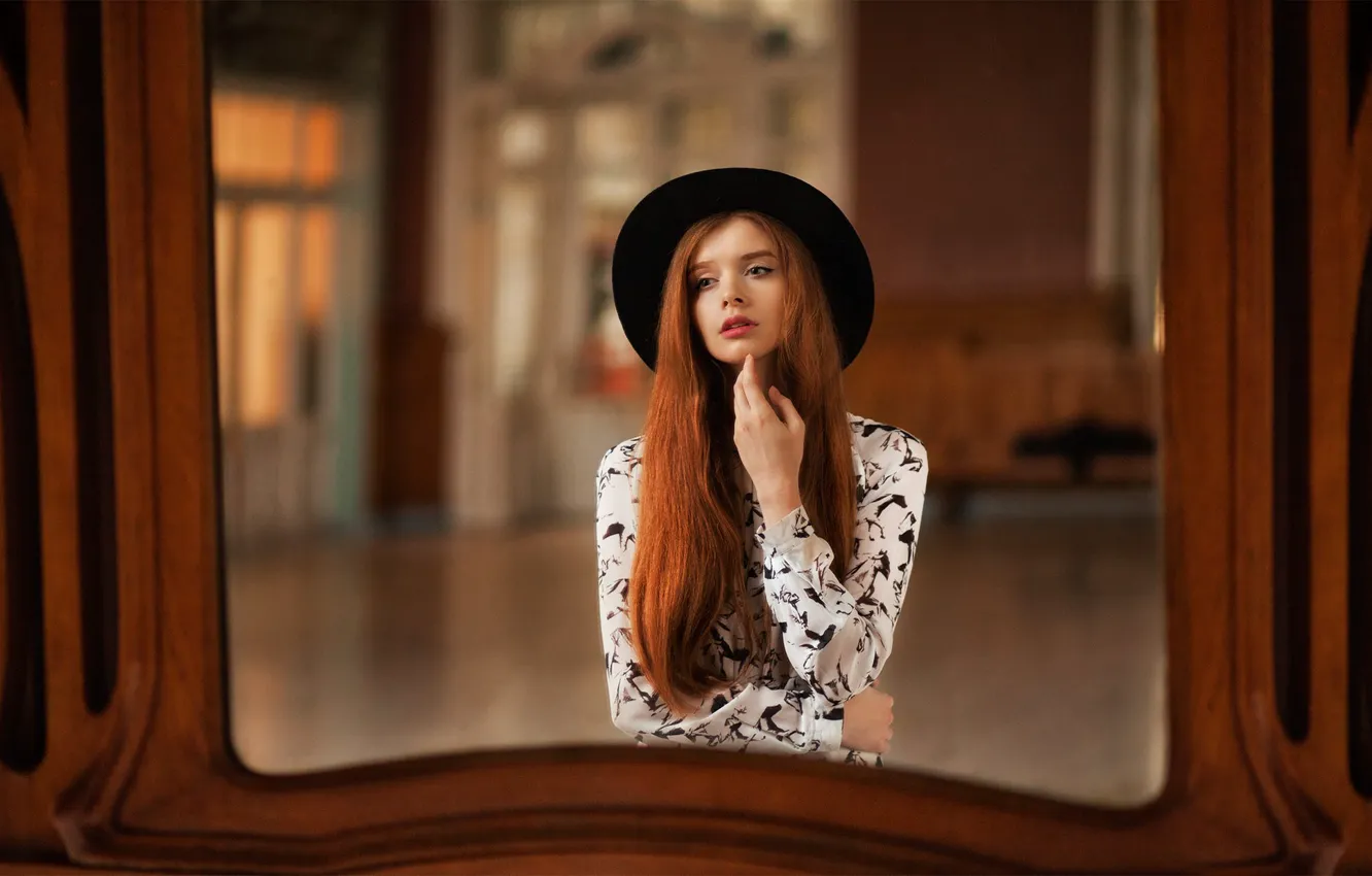 Photo wallpaper girl, sweetheart, hat, mirror, blouse, light, red, beautiful