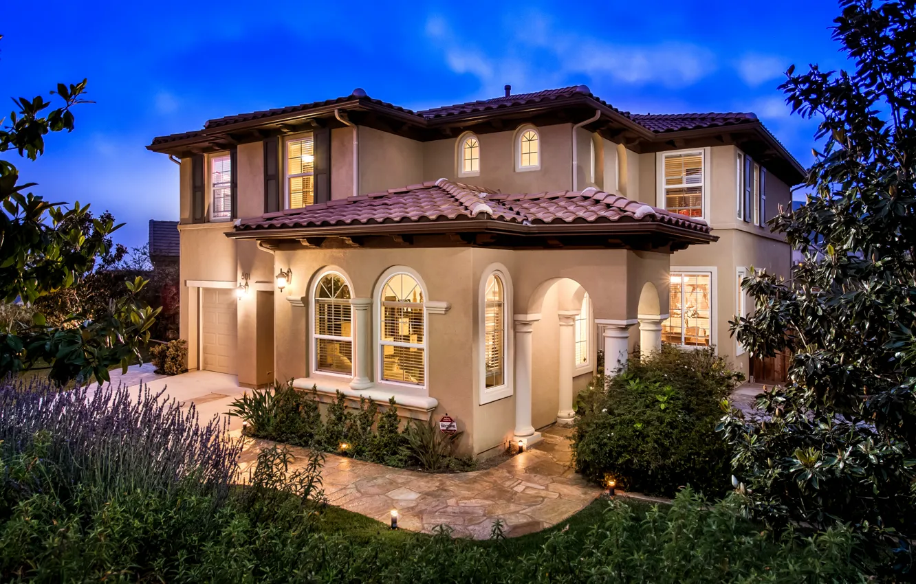 Photo wallpaper home, garden, backlight, window, mansion