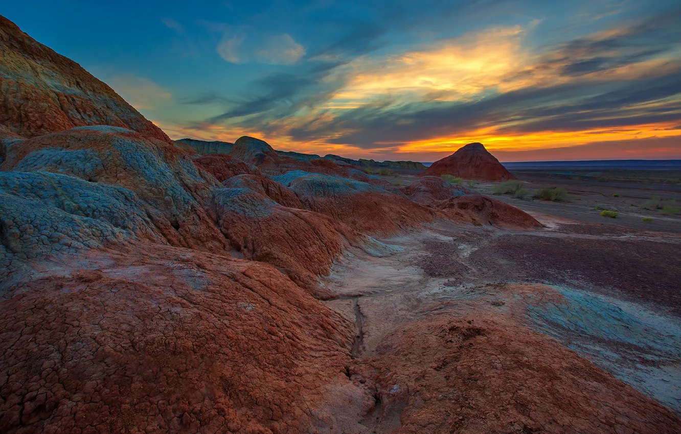 Photo wallpaper clouds, sunset, mountains, rocks