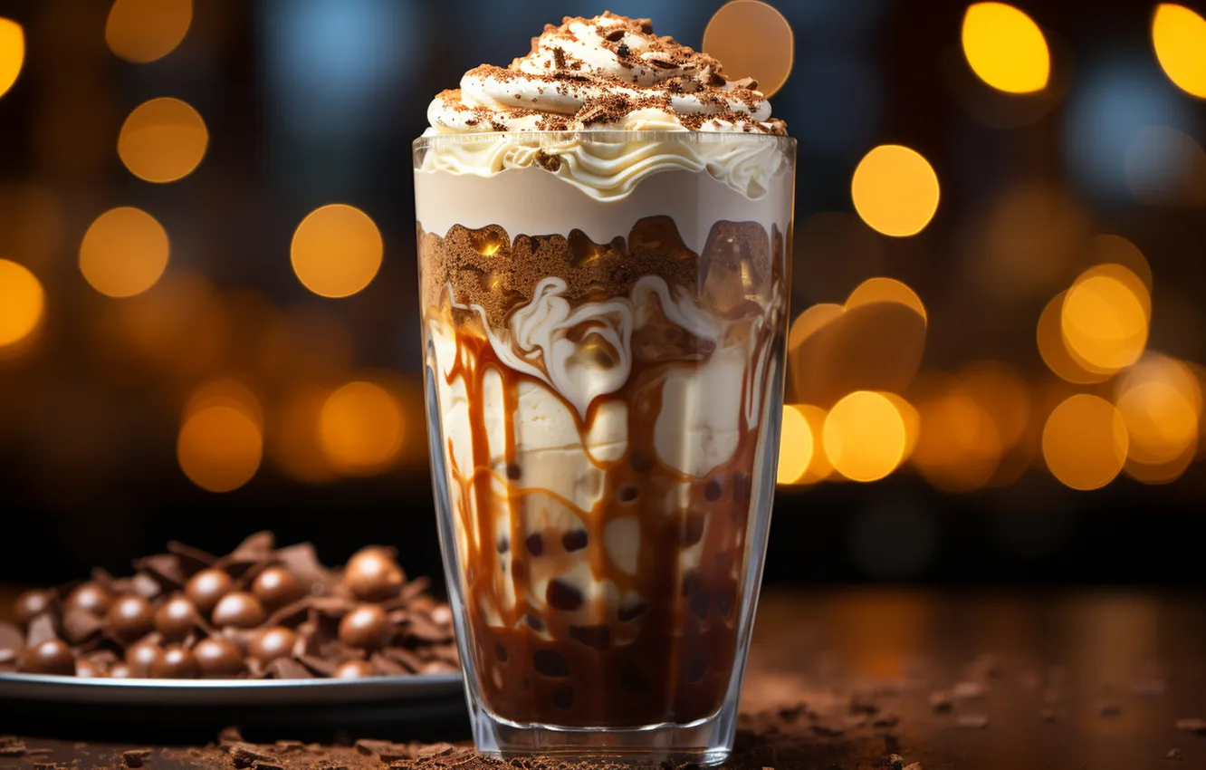 Photo wallpaper lights, glass, table, glass, coffee, chocolate, ice cream, cocktail