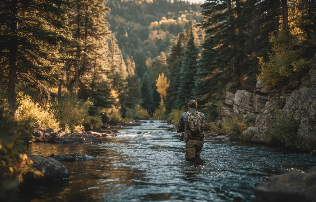 Photo wallpaper autumn, forest, landscape, river, rocks, shore, fishing, male