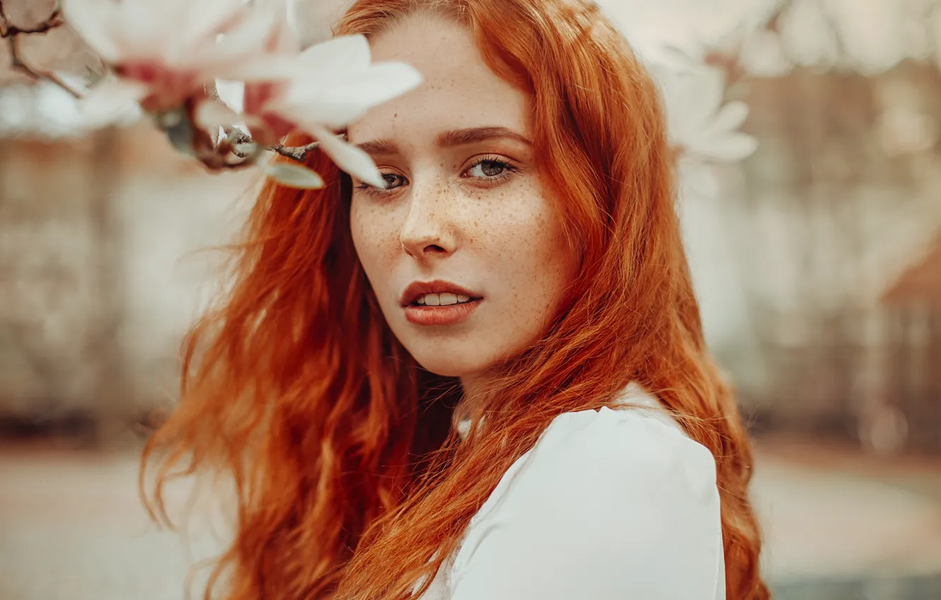 Photo wallpaper look, girl, face, hair, portrait, freckles, red, redhead