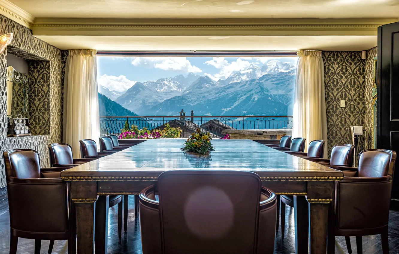 Photo wallpaper landscape, mountains, table, room, interior, window, chair, balcony
