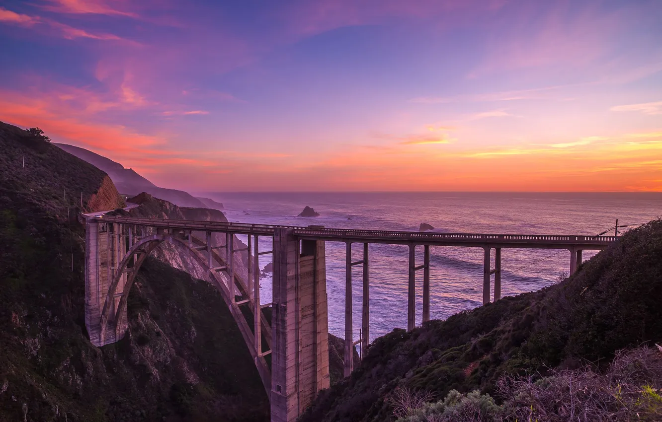 Photo wallpaper wave, the sky, clouds, landscape, sunset, mountains, bridge, nature