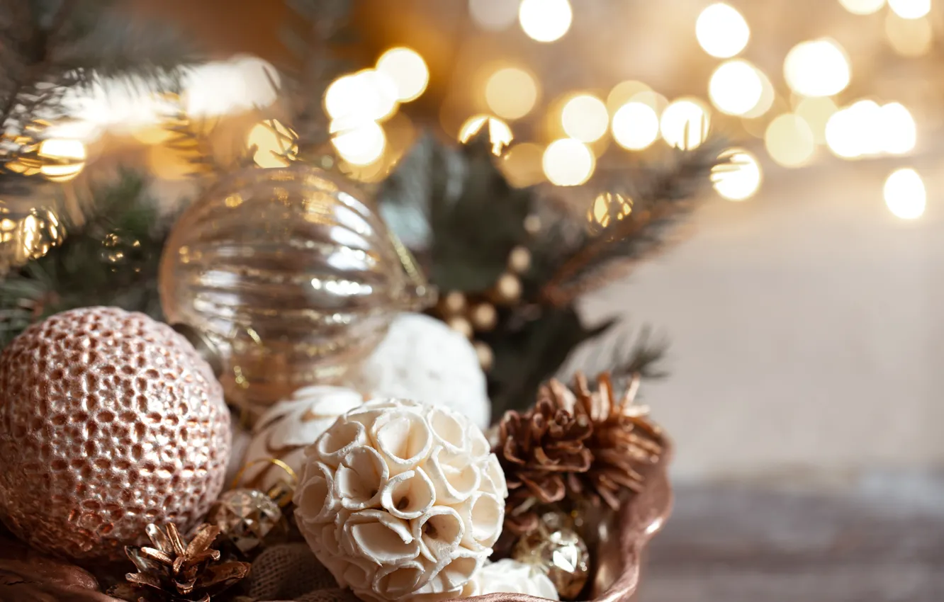 Photo wallpaper balls, glare, balls, new year, Christmas, bumps