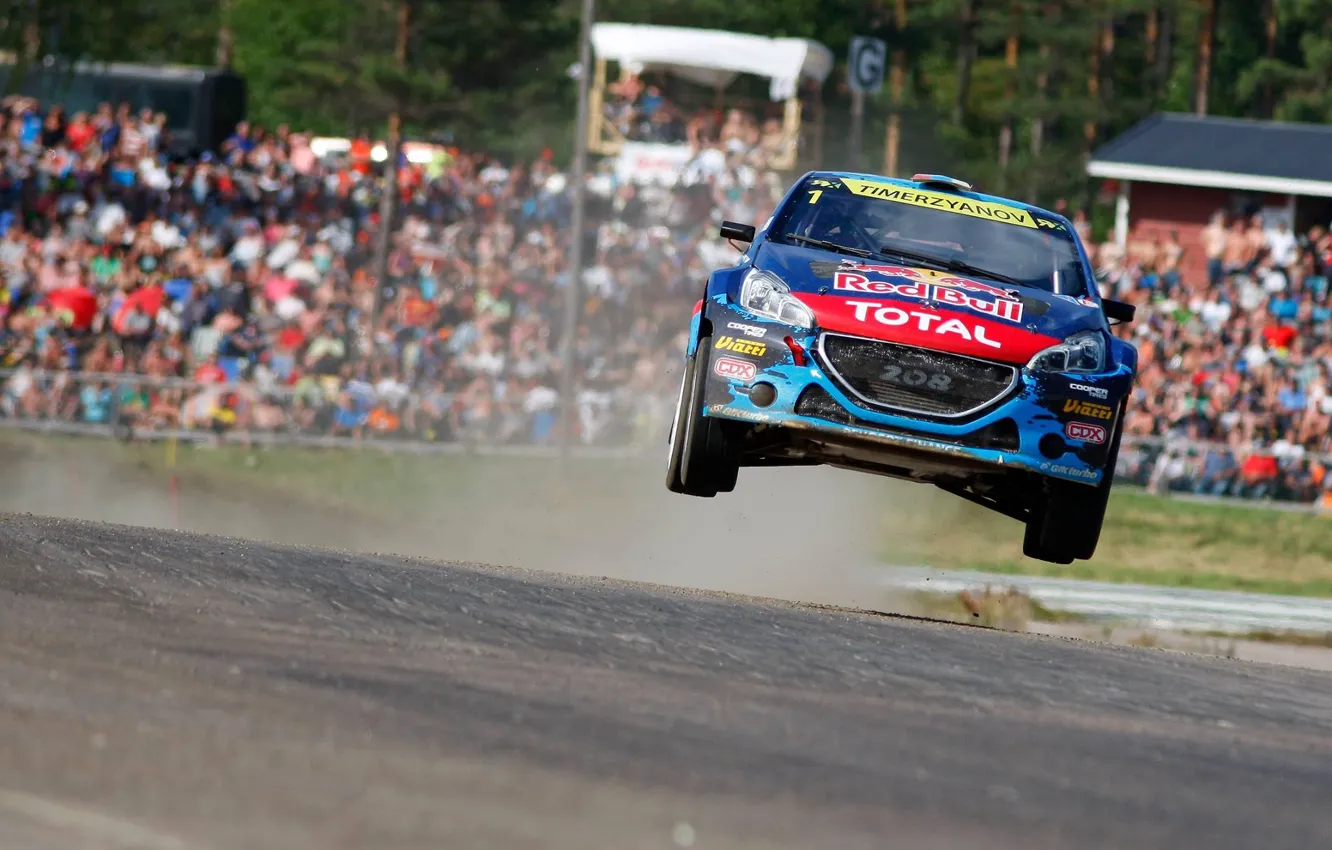 Photo wallpaper jump, track, dust, Peugeot, wrx, the audience, peugeot, rallycross