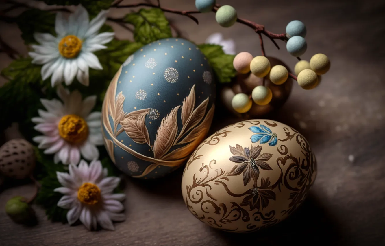 Photo wallpaper balls, flowers, holiday, eggs, bouquet, spring, Easter, ornament
