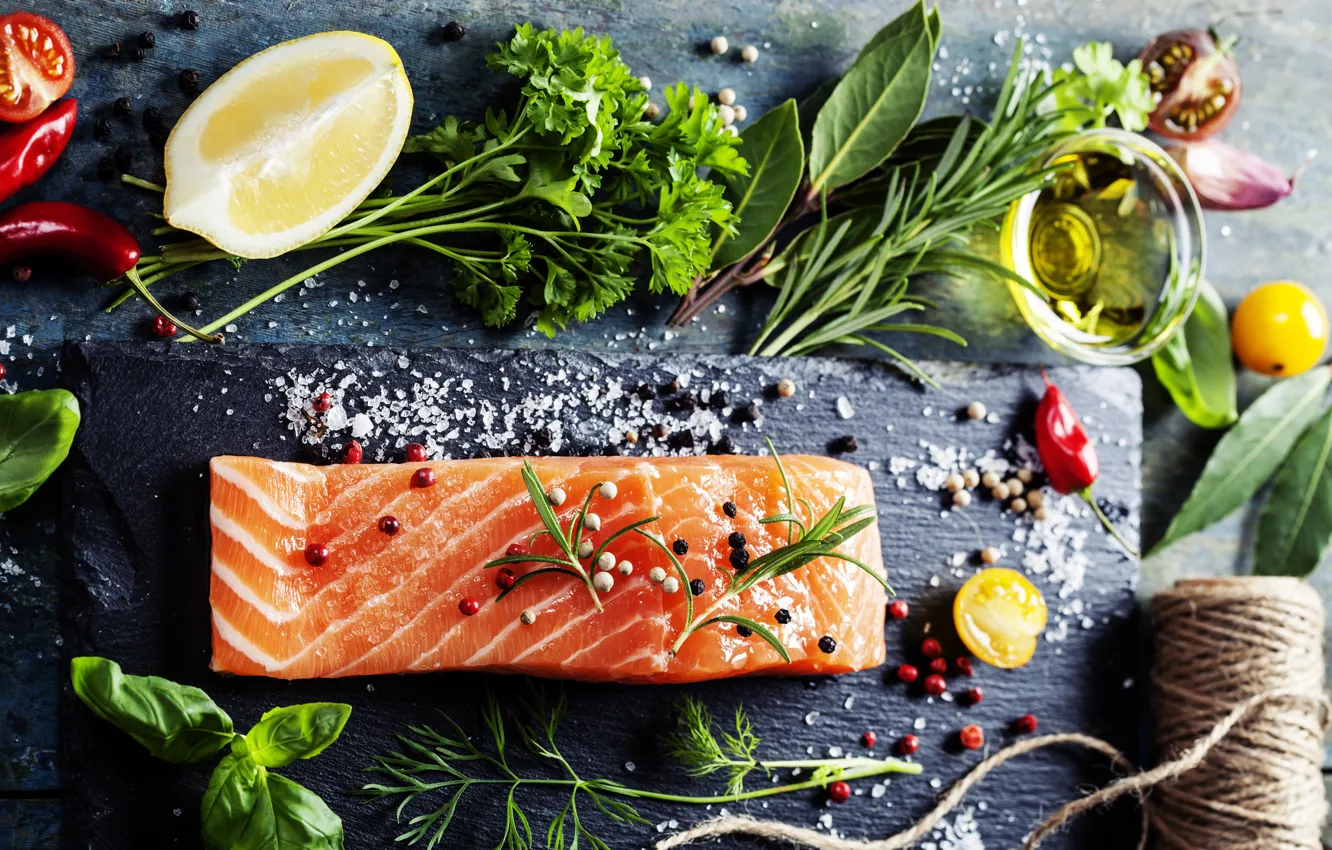 Photo wallpaper greens, lemon, oil, fish, pepper, spices