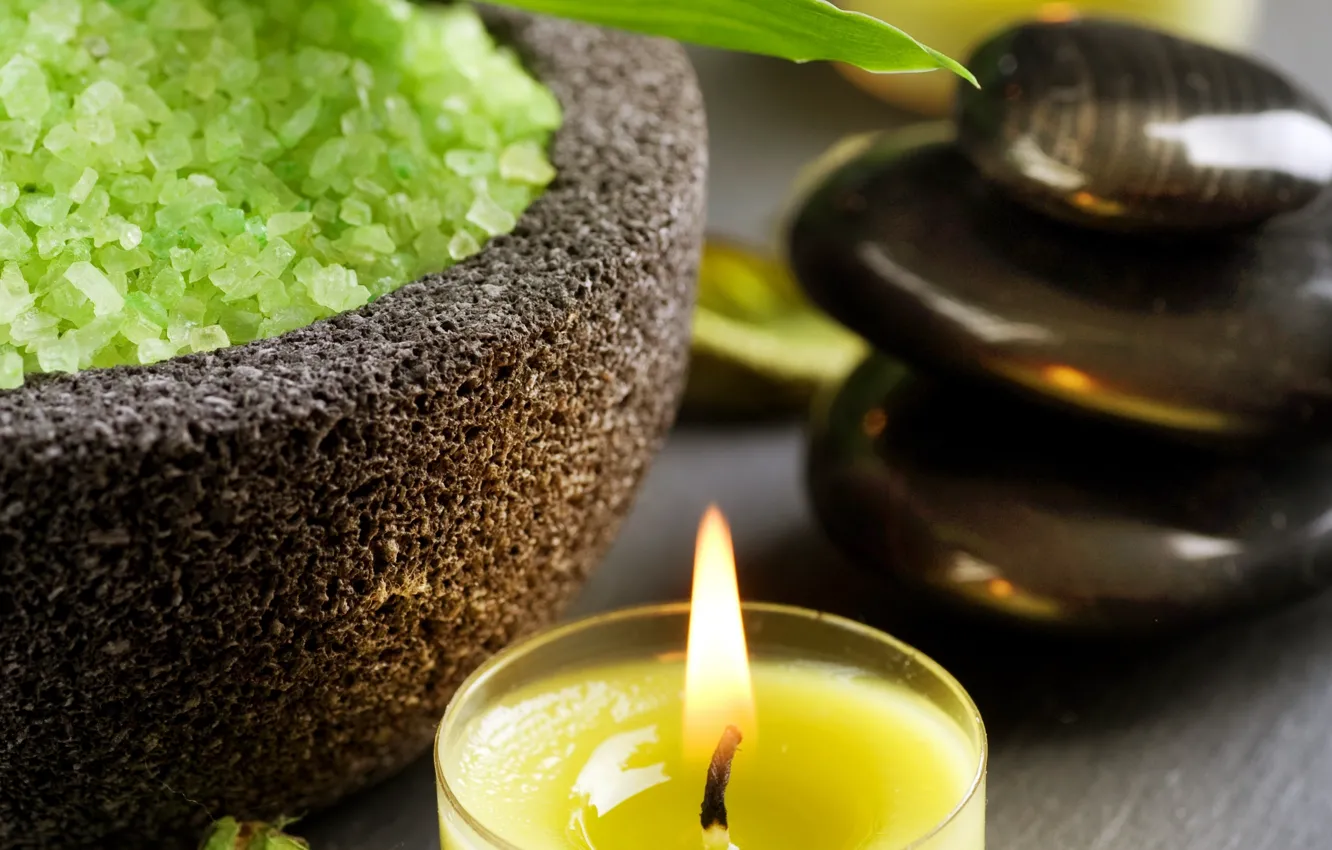 Photo wallpaper stones, fire, flame, green, candle, bowl, crystals, fire