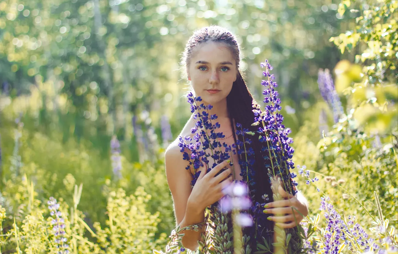 Photo wallpaper summer, girl, freckles, the beauty, flowers, Alina