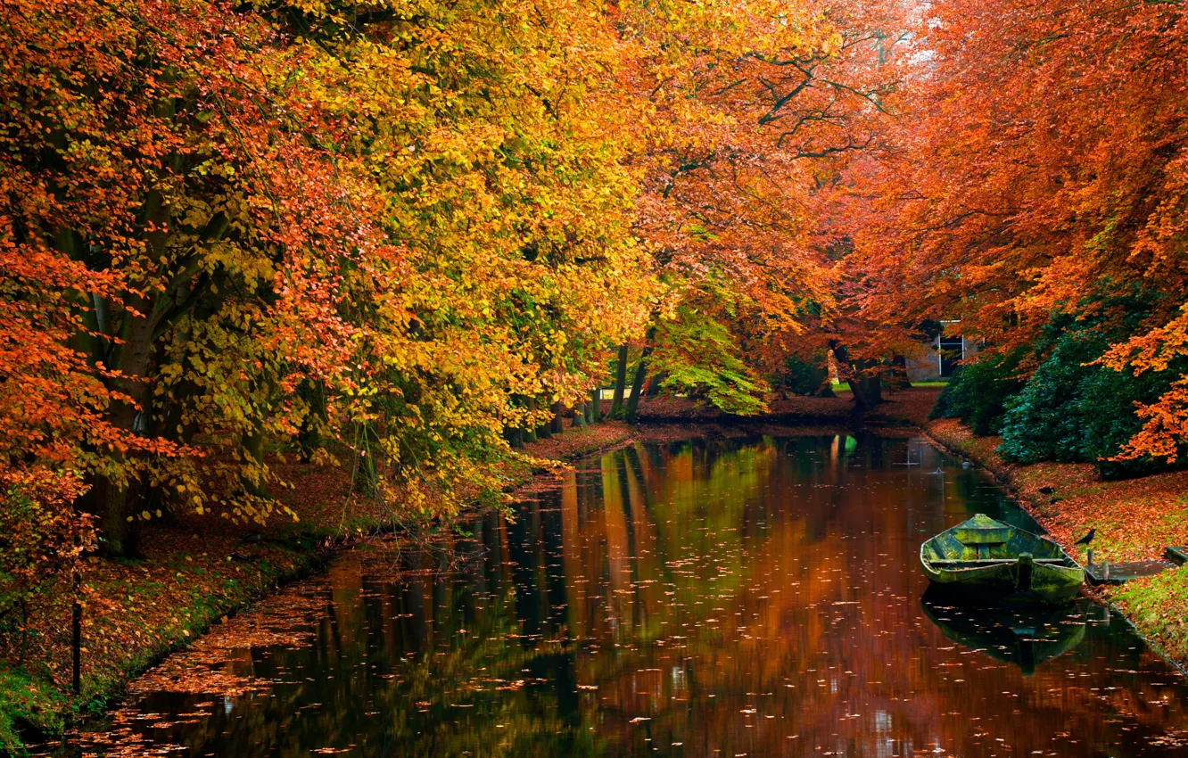 Photo wallpaper autumn, water, trees, photo, romance, boat, beauty