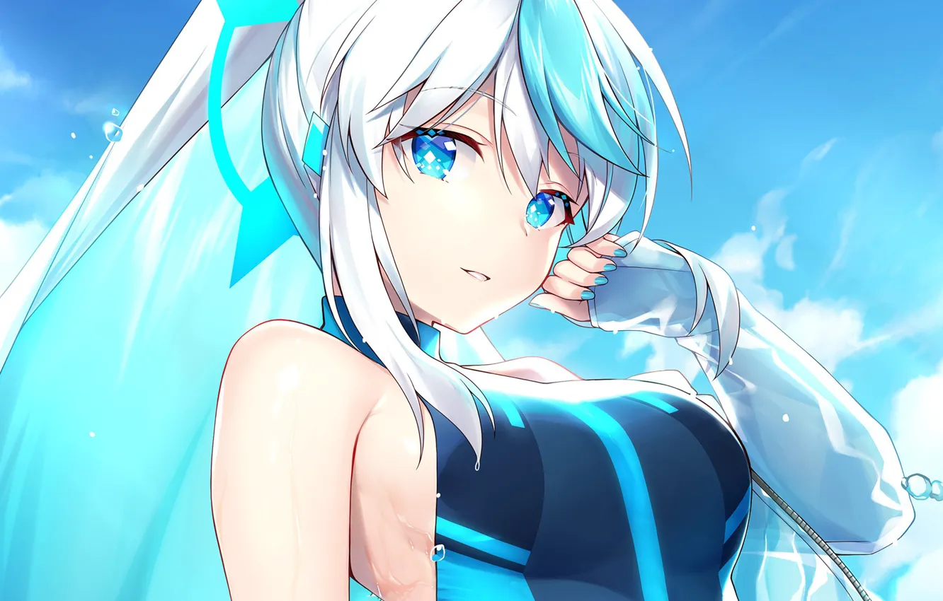 Photo wallpaper girl, blue eyes, swimsuit, sky blue, white hair, beuatiful