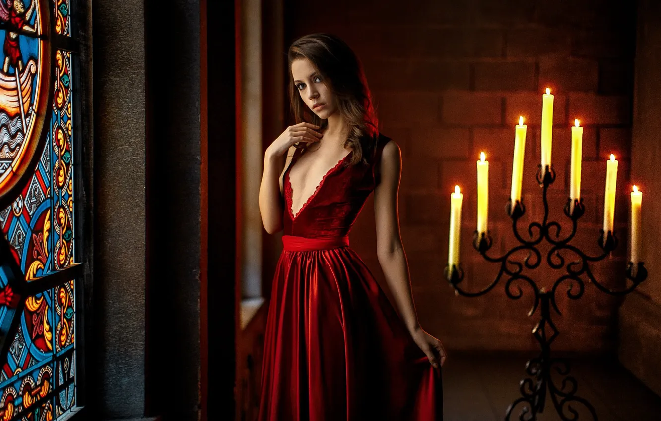 Photo wallpaper look, pose, fire, model, portrait, candles, makeup, dress