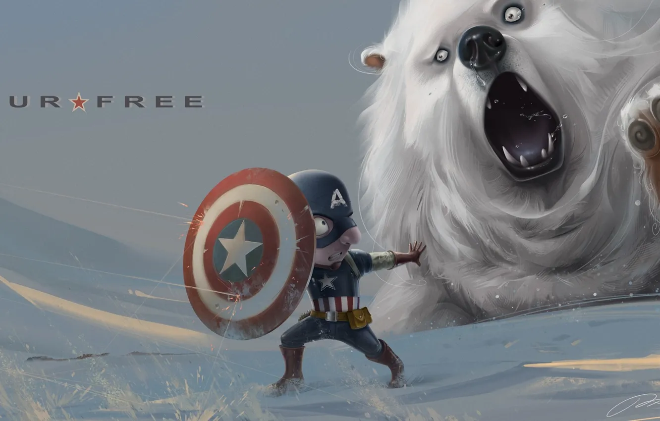 Photo wallpaper snow, bear, art, shield, captain america