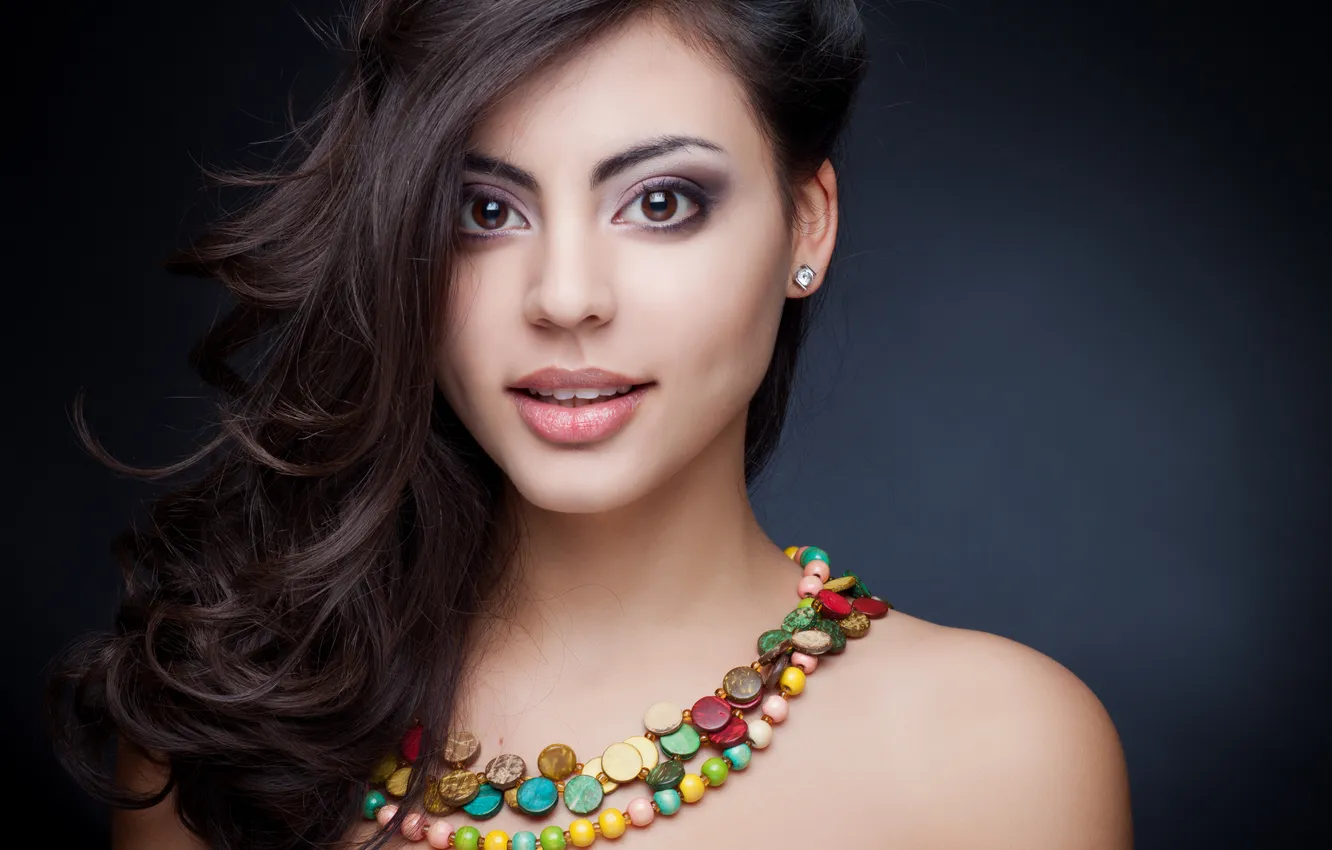 Photo wallpaper eyes, look, girl, face, hair, makeup, lips, beads