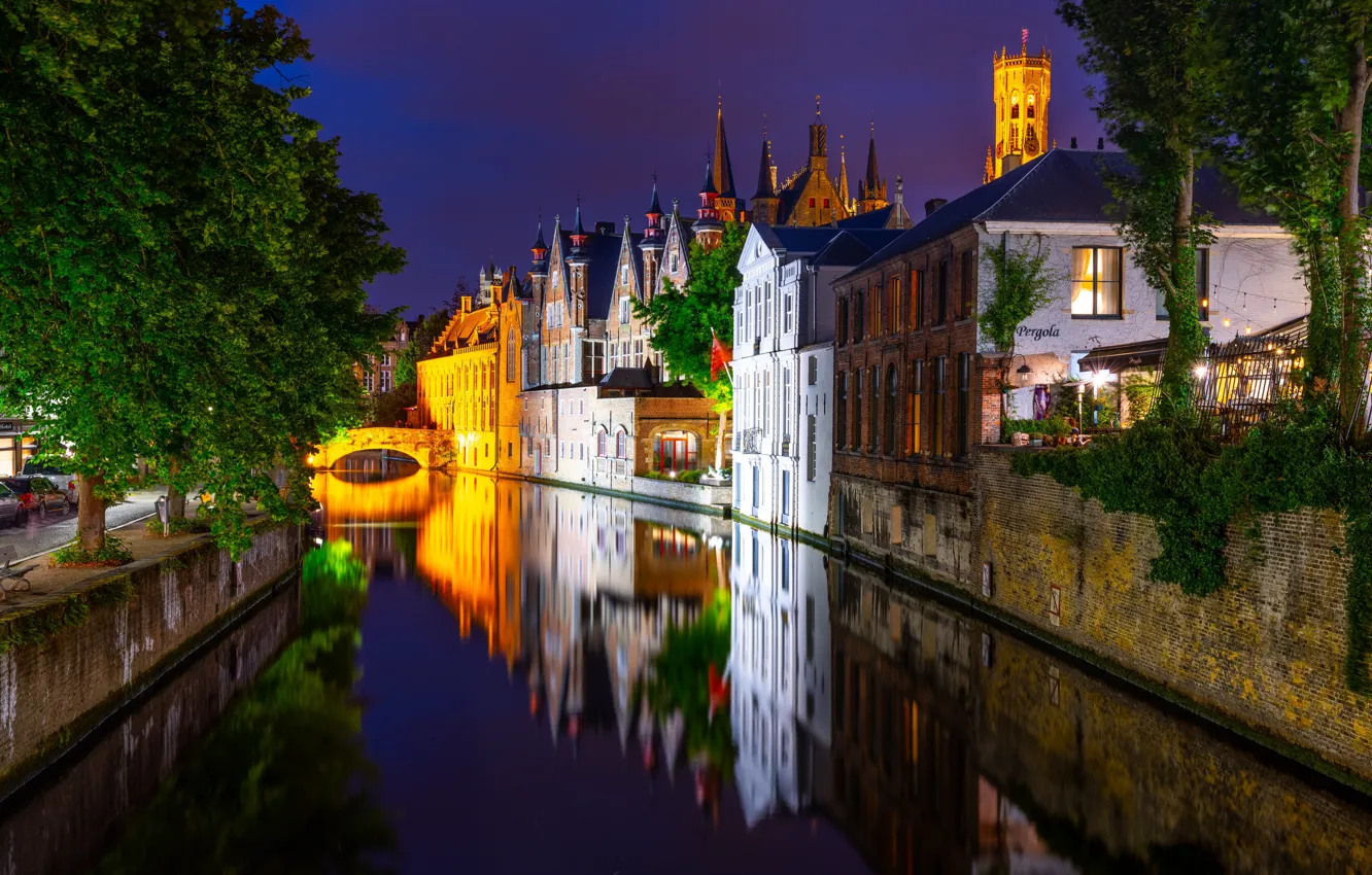 Photo wallpaper trees, night, the city, home, backlight, channel, Belgium, Bruges