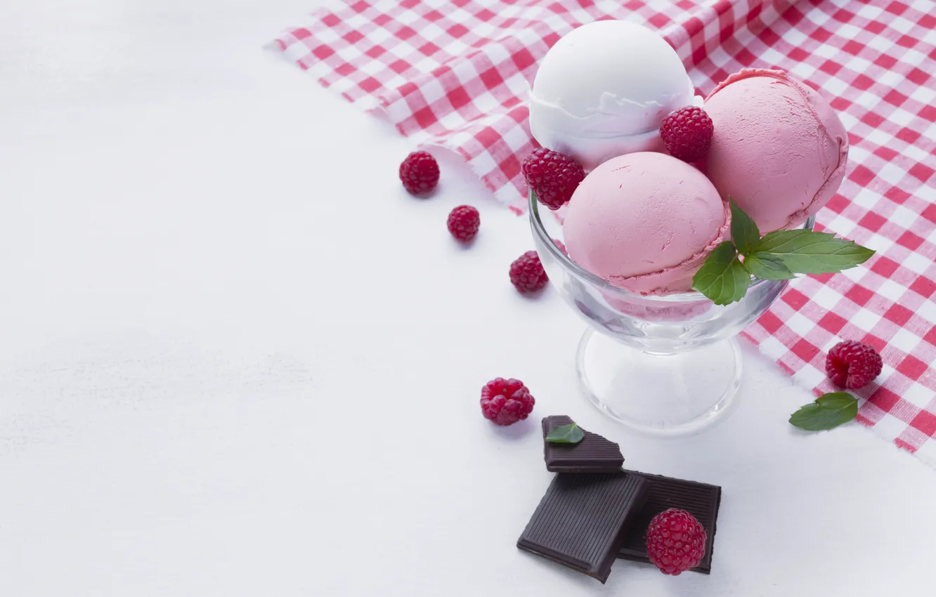 Photo wallpaper white, glass, balls, berries, raspberry, table, chocolate, ice cream