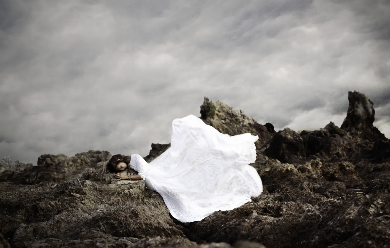 Photo wallpaper girl, clouds, white dress