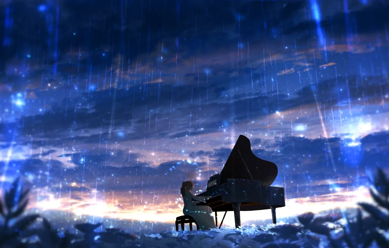 Photo wallpaper girl, piano, Starfall