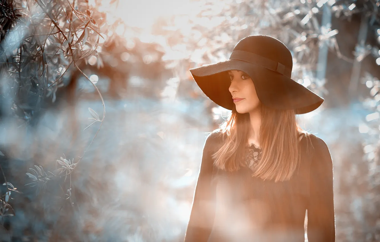Photo wallpaper girl, hat, bokeh