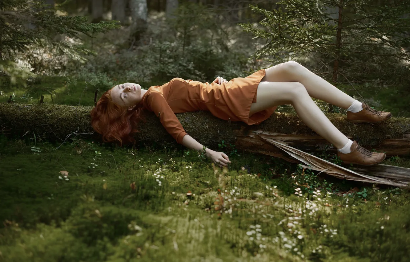 Photo wallpaper forest, freckles, legs, redhead, Fiyah Max, Into the woods