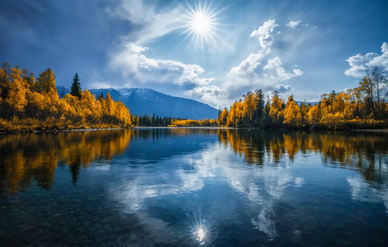 Photo wallpaper autumn, forest, mountains, lake, reflection, blue, pond