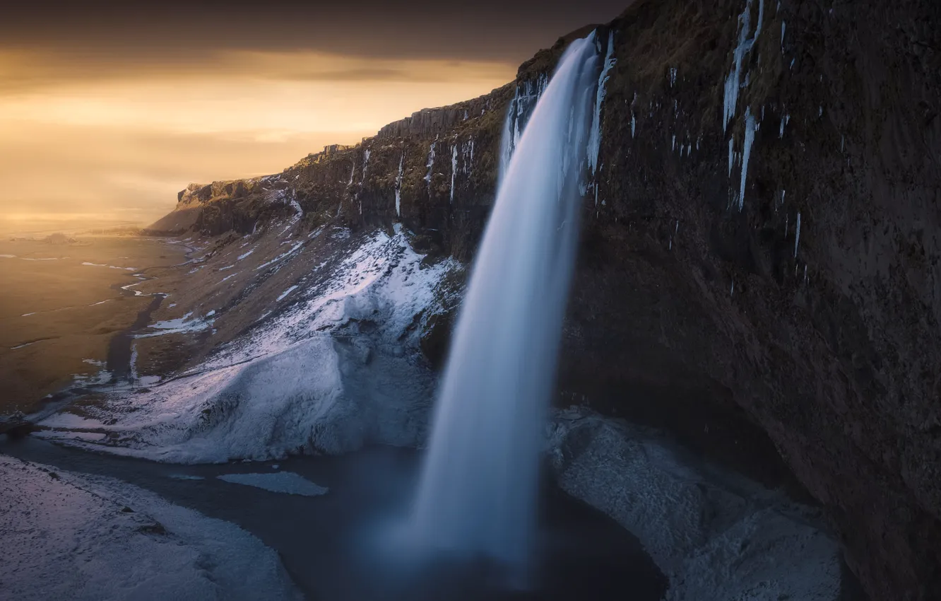 Photo wallpaper rocks, snow, mountains, stream, waterfall, shore