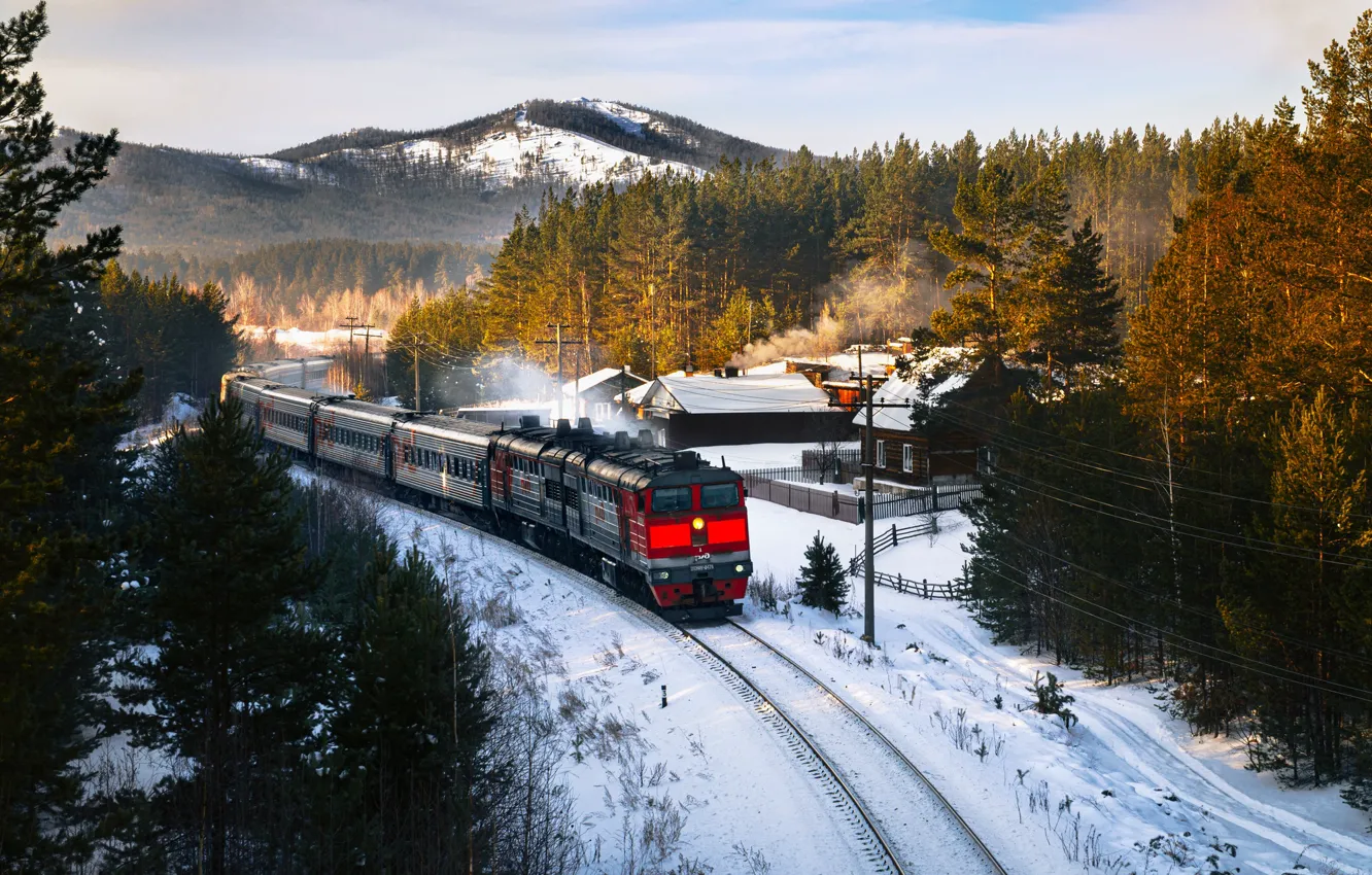 Photo wallpaper winter, snow, landscape, mountains, nature, train, railroad, forest