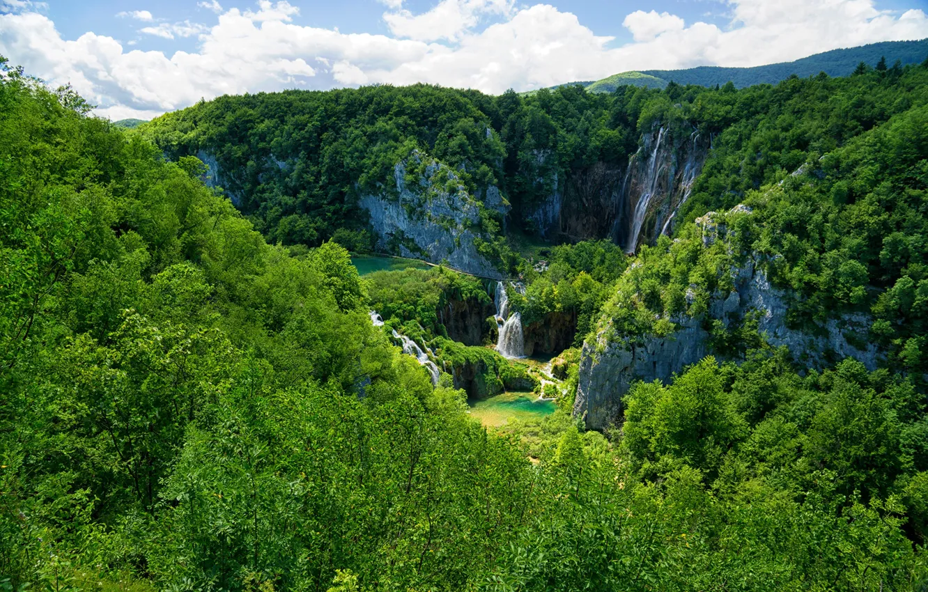 Photo wallpaper greens, forest, the sun, clouds, trees, rocks, waterfall, the view from the top