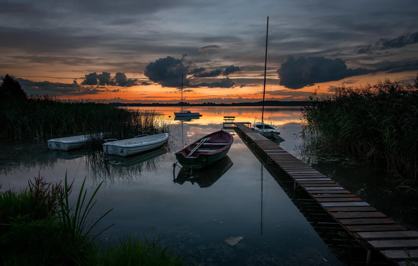 Photo wallpaper lake, boat, pierce, twilight