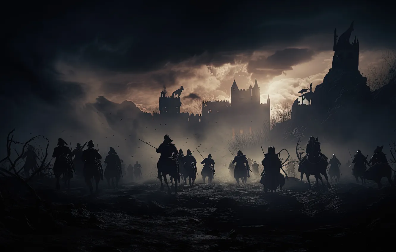 Photo wallpaper night, clouds, darkness, weapons, people, castle, war, attack