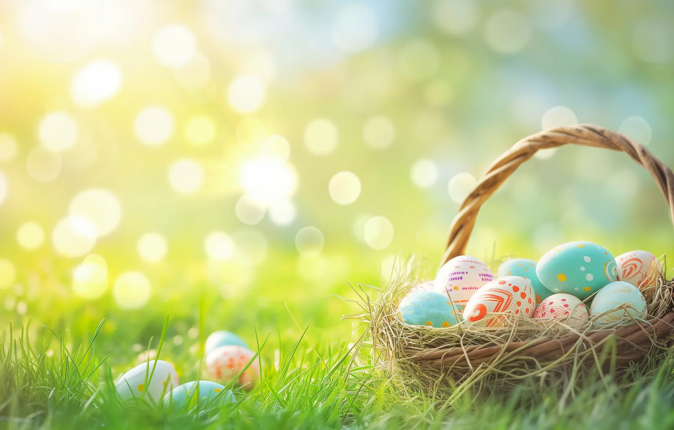 Photo wallpaper grass, holiday, eggs, spring, Easter, basket, painted, eggs
