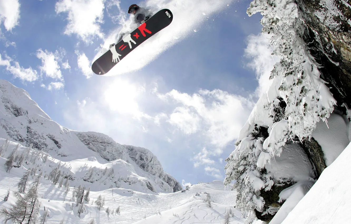 Photo wallpaper winter, snow, flight, mountains, jump, snowboard