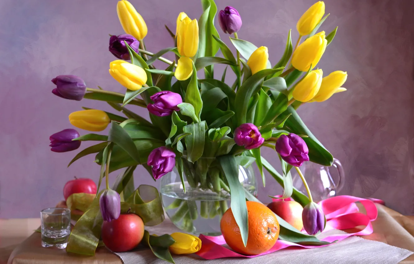 Photo wallpaper bouquet, tulips, orange, bright, apples