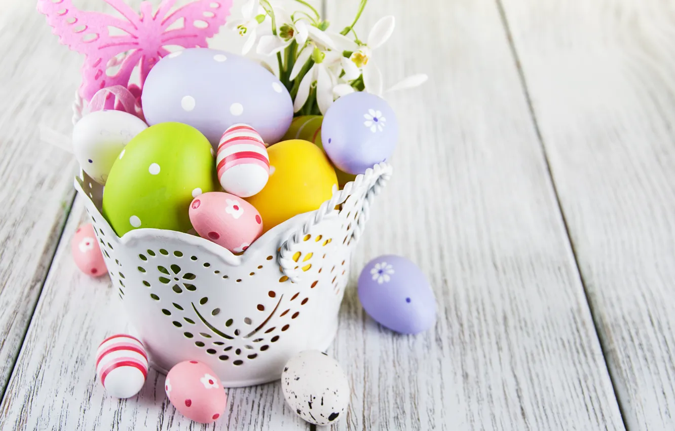 Photo wallpaper flowers, eggs, colorful, snowdrops, Easter, happy, wood, blossom