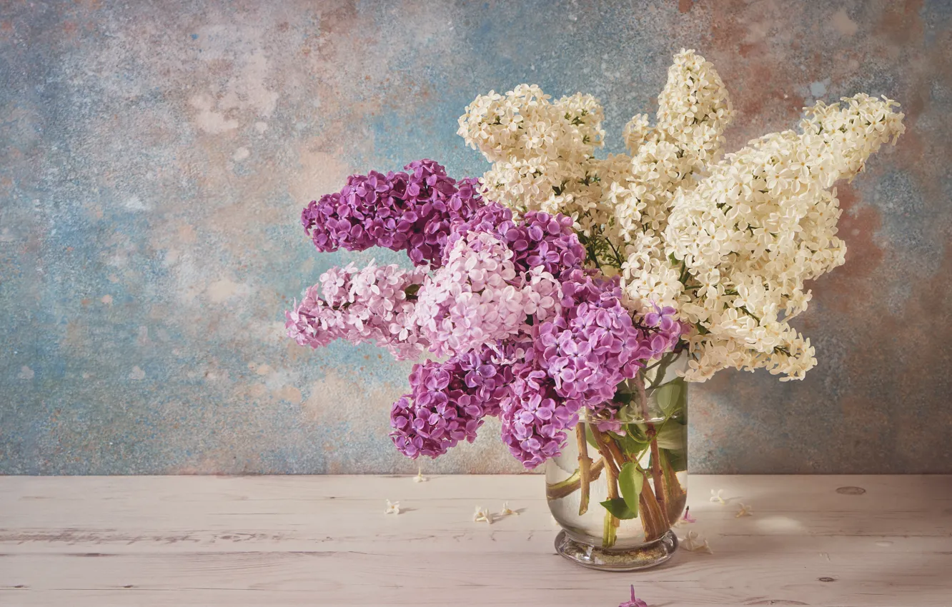 Photo wallpaper flowers, bouquet, wood, flowers, lilac, romantic, lilac