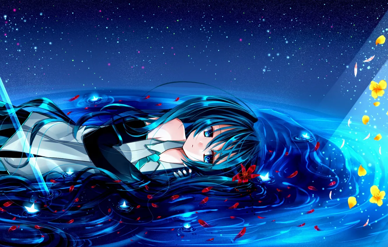 Photo wallpaper the sky, water, light, flowers, stars, lies, Hatsune Miku, Vocaloid