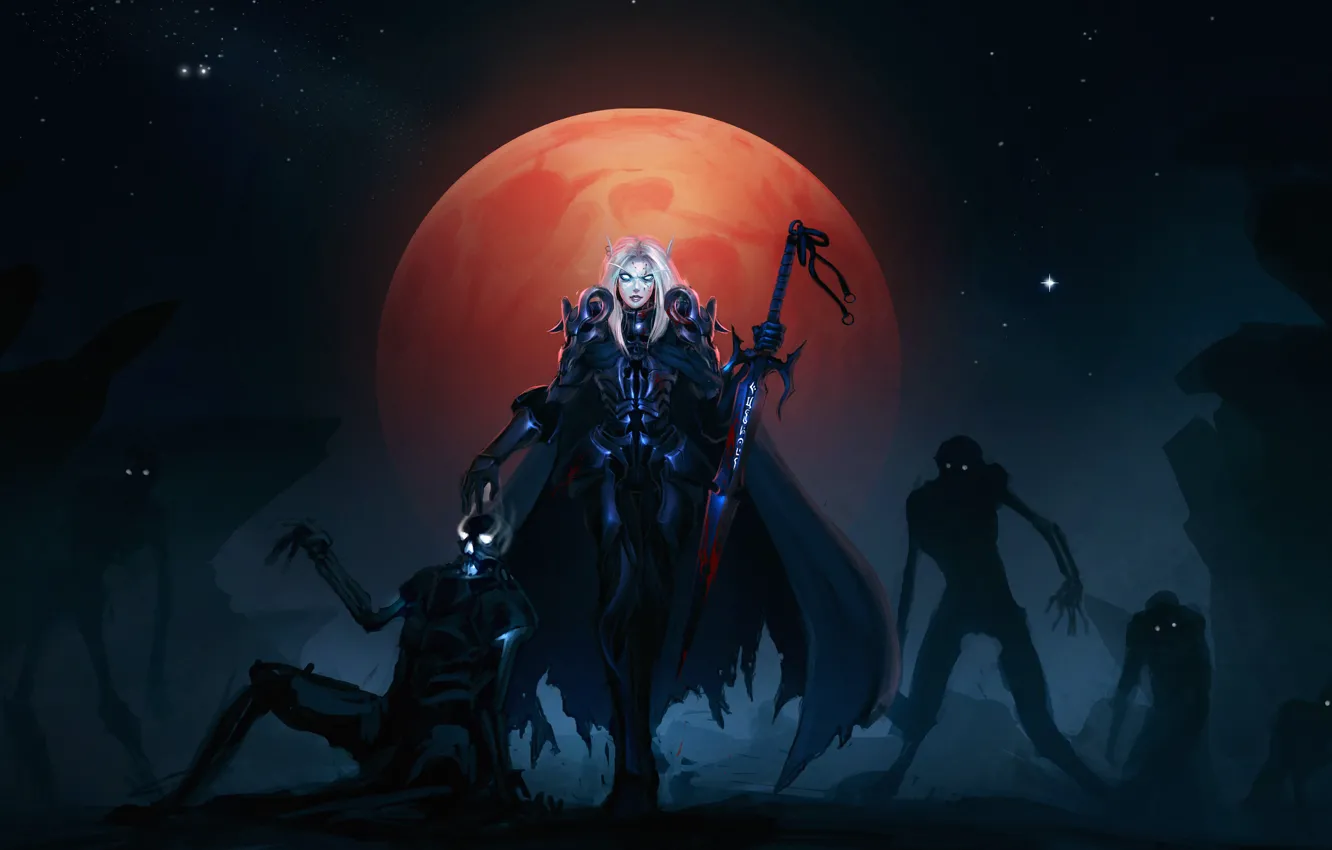 Photo wallpaper the moon, zombies, knight, wow, undead, death, blood elf, bloody
