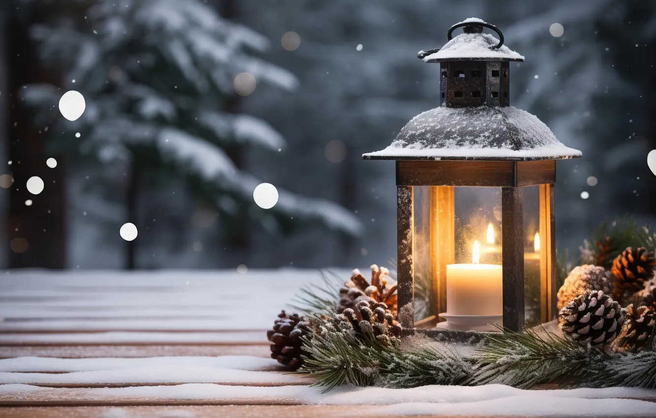 Photo wallpaper winter, snow, night, new year, Christmas, lights, Christmas, night