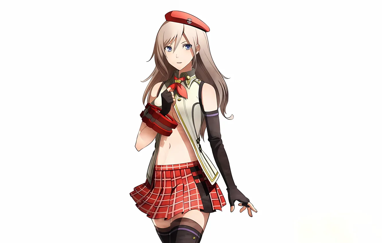 Photo wallpaper girl, sexy, cleavage, school uniform, thighhighs, long hair, brown hair, boobs