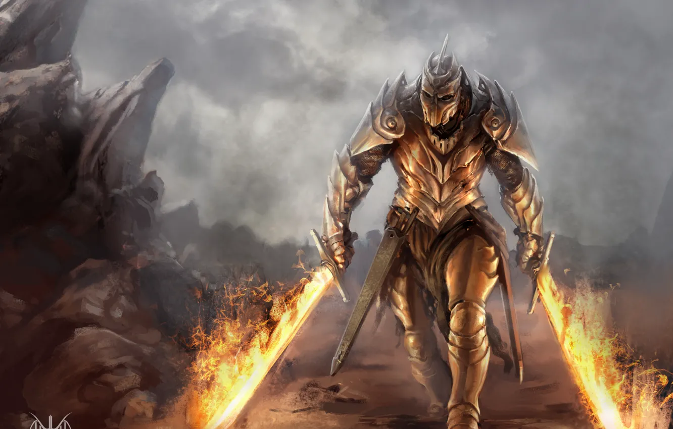 Photo wallpaper armor, dragon, cave, human form, battle axe