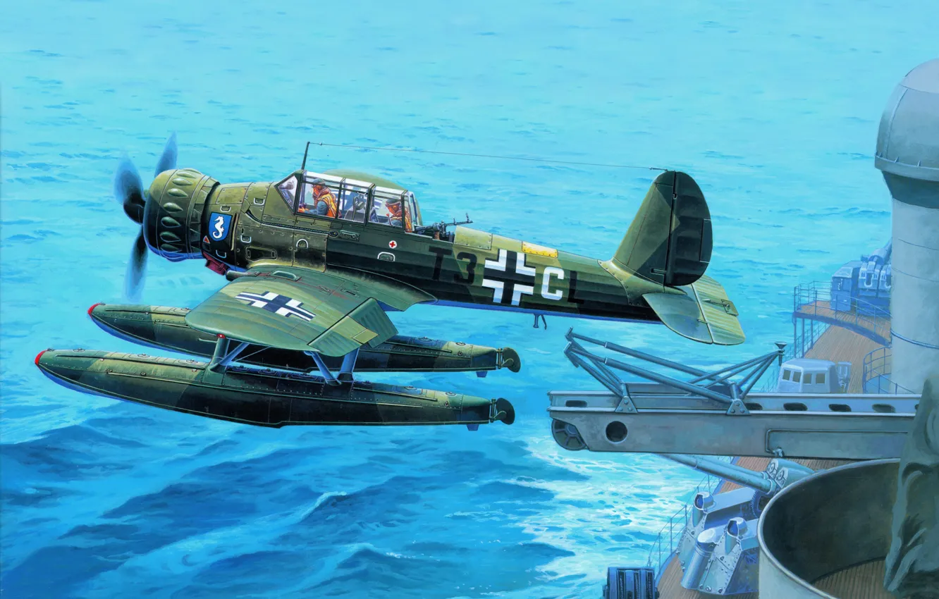 Photo wallpaper ship, art, military, catapult, German, single-engine, WW2, Arado Ar 196