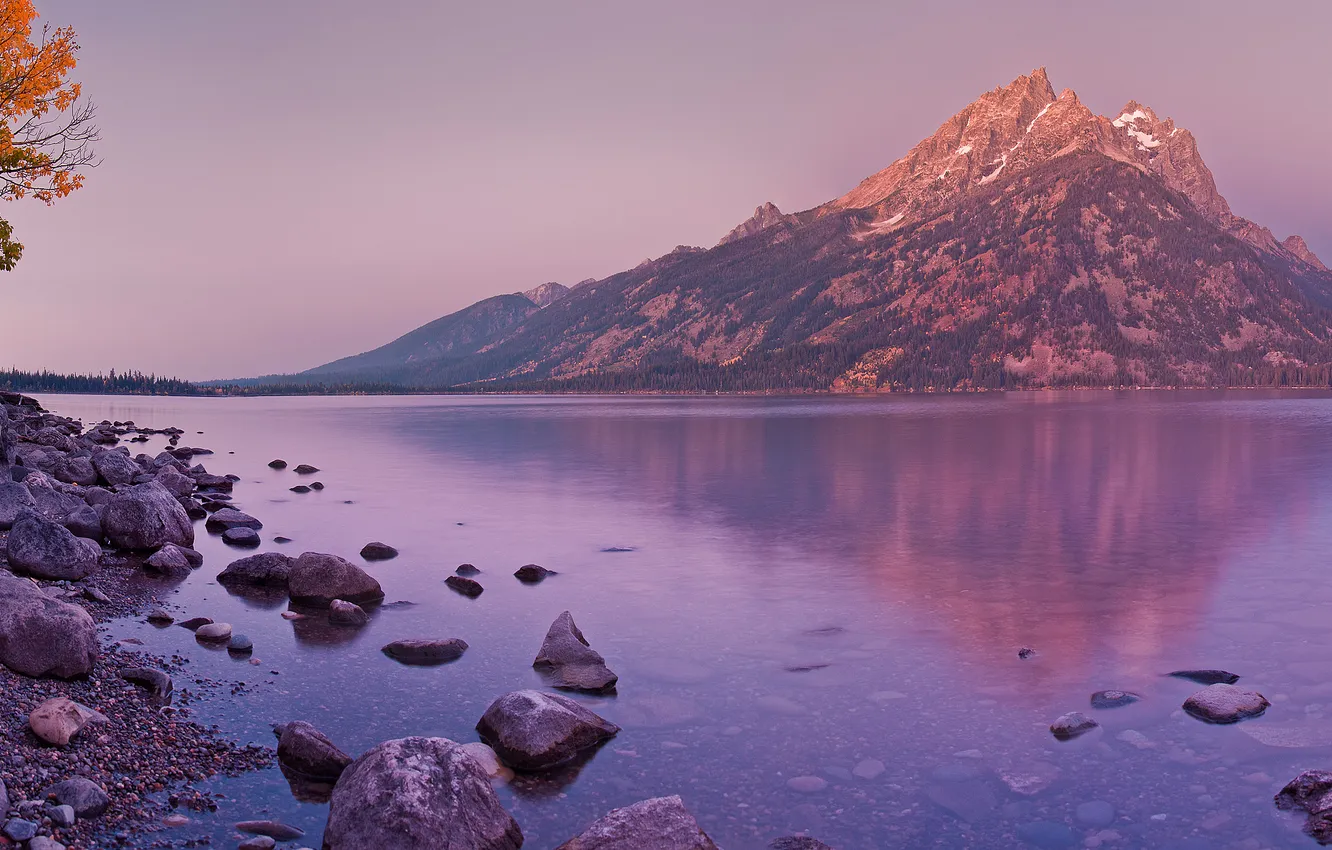 Photo wallpaper water, reflection, stones, shore, hills