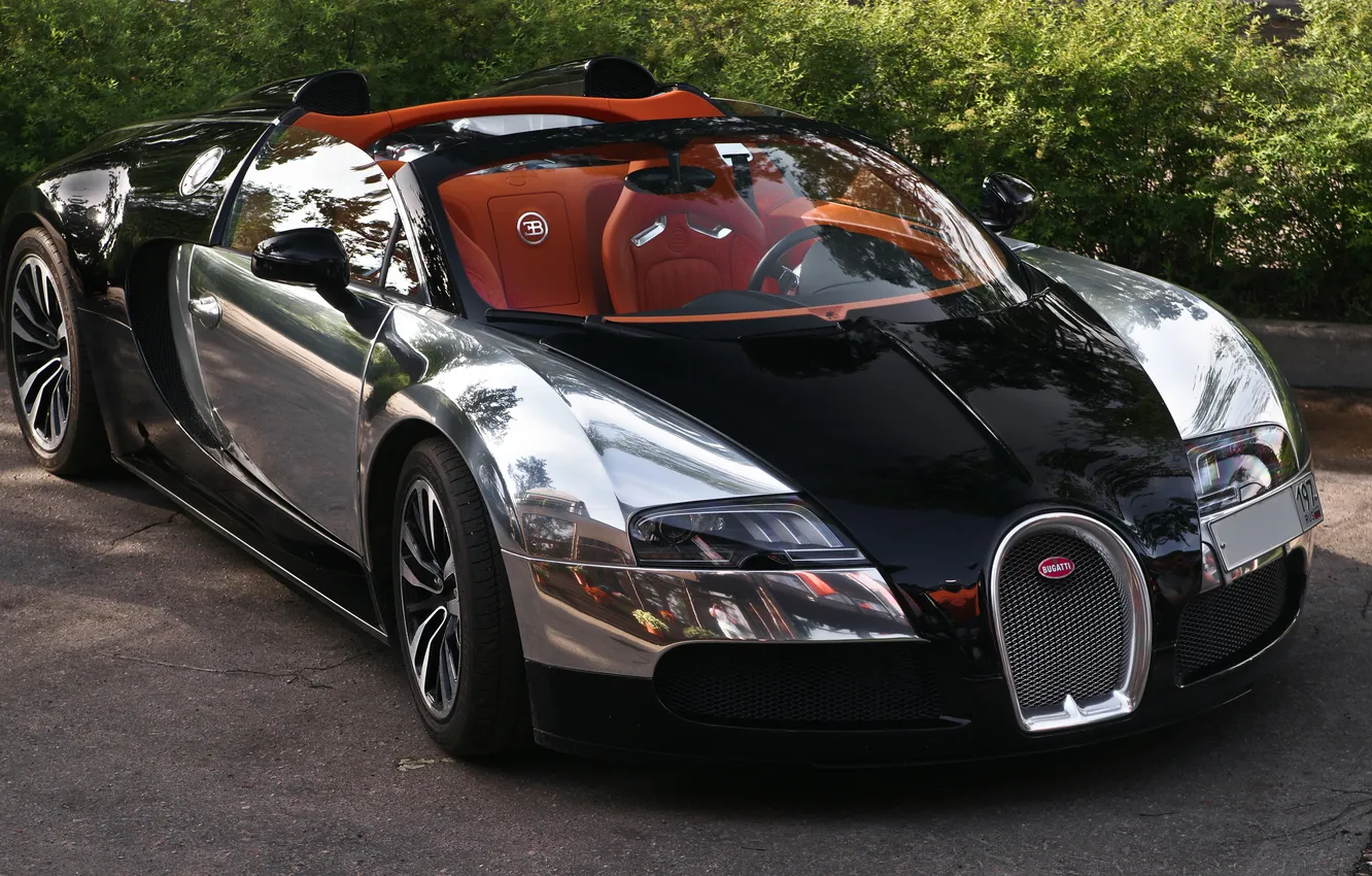 Photo wallpaper Bugatti, Veyron, Russia, Black, Moscow, Grand Sport, 16.4, Chrome