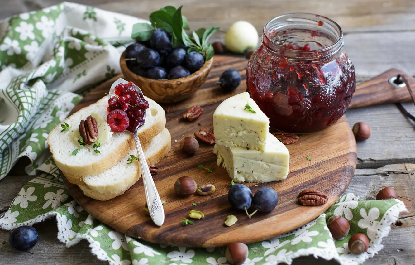 Photo wallpaper cheese, bread, nuts, still life, plum, jam, jam