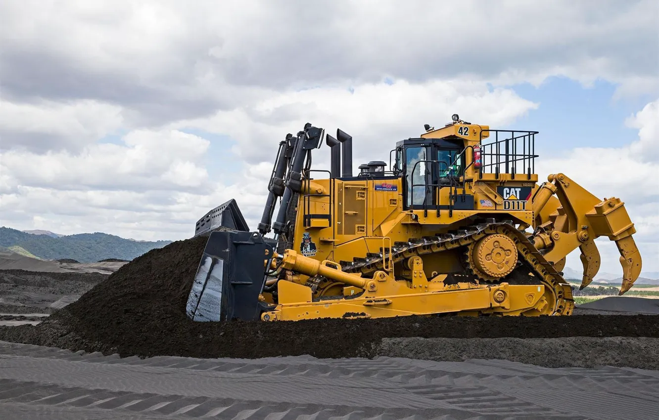 Photo wallpaper sand, the sky, yellow, work, fangs, cabin, bulldozer, cat