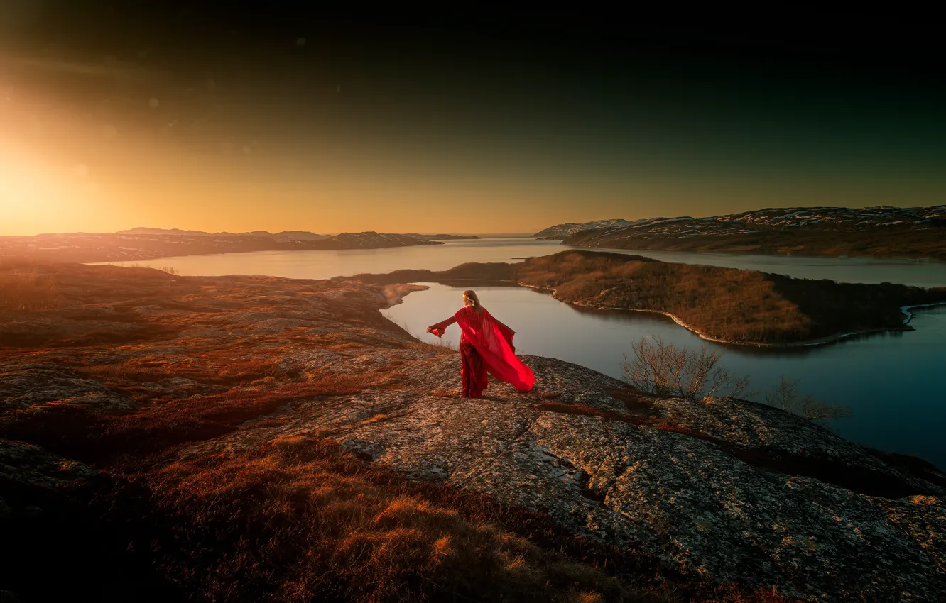 Photo wallpaper girl, the sun, light, nature, shore, red dress, pond