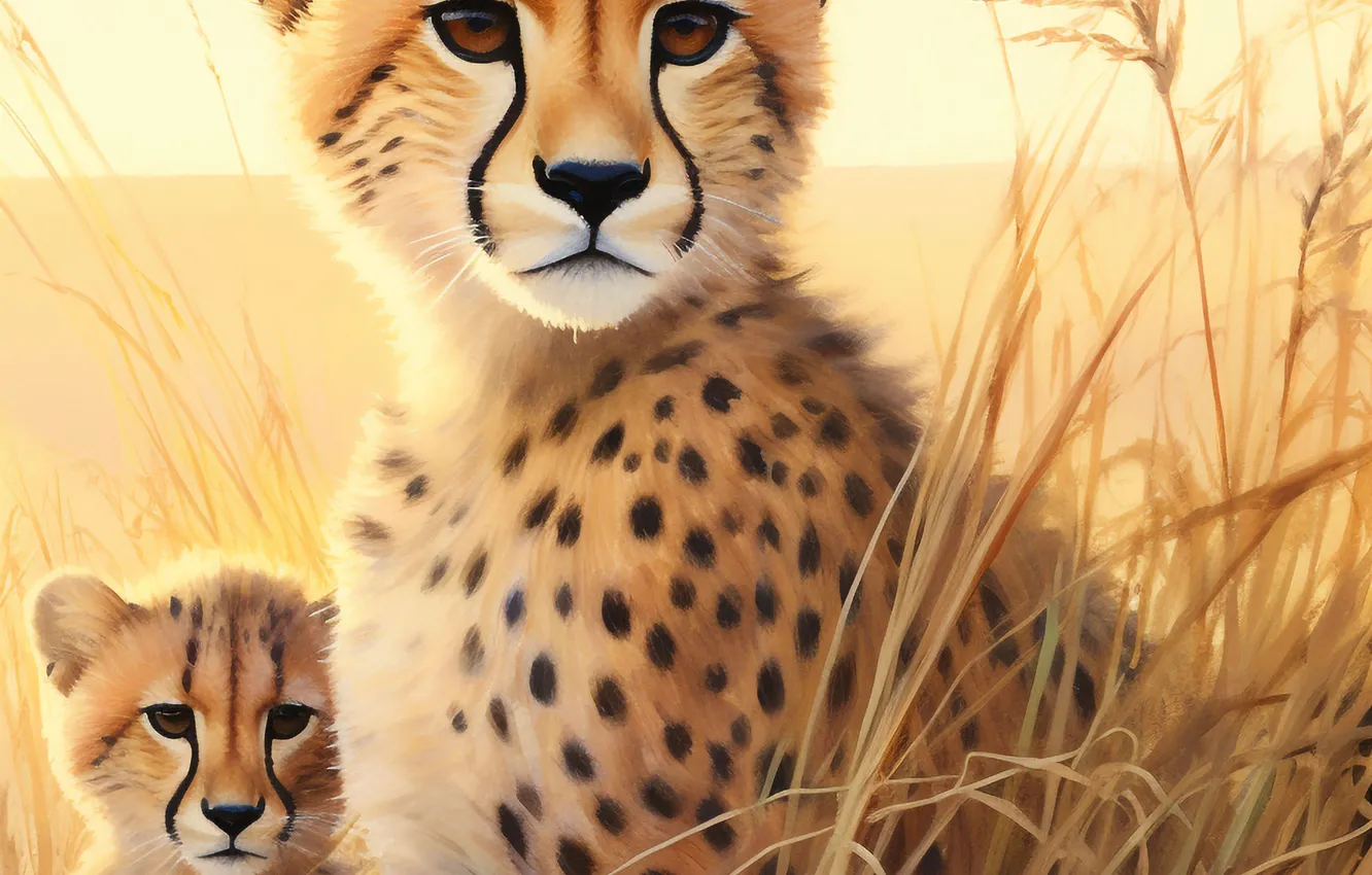Photo wallpaper look, art, Cheetah, cub, kitty, two, big cats, digital art