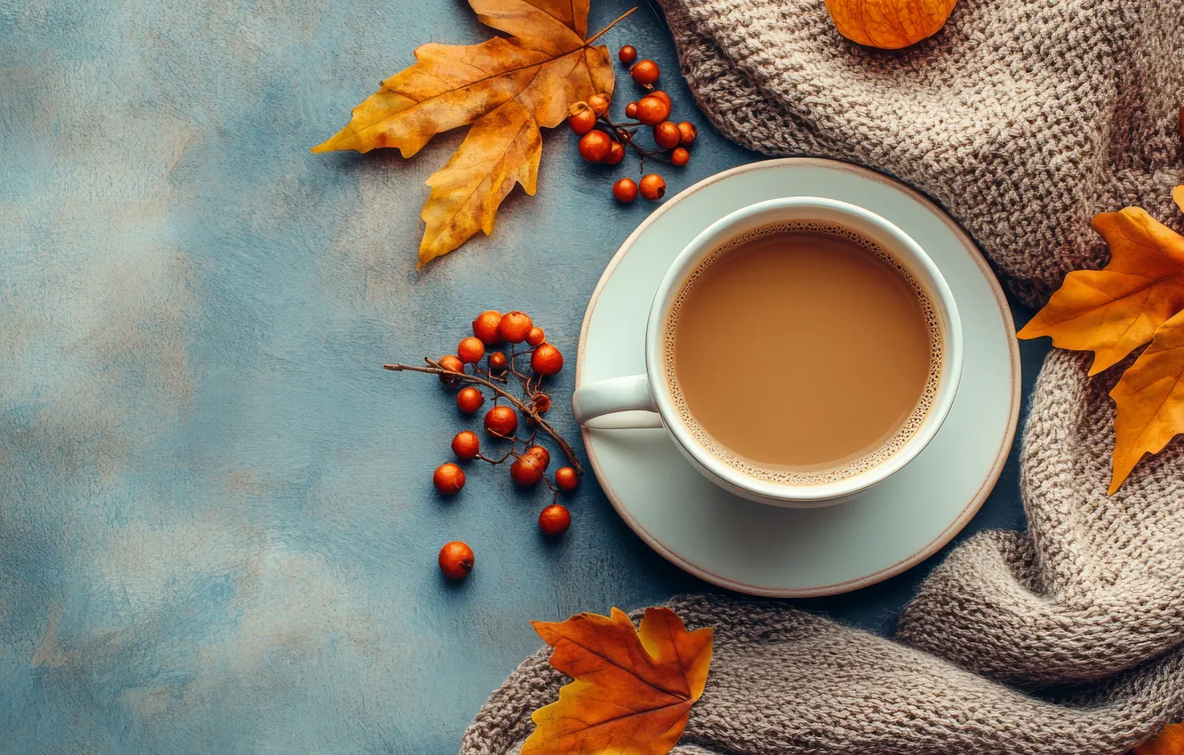 Photo wallpaper autumn, leaves, berries, table, coffee, Cup, plaid, AI art