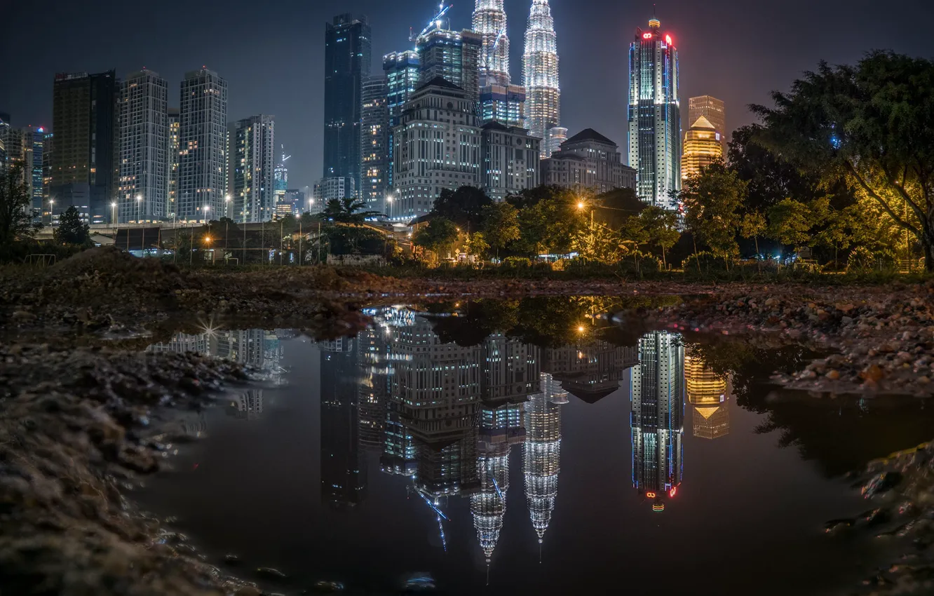 Photo wallpaper the city, reflection, building, skyscrapers, the evening, puddle, lighting, skyscrapers
